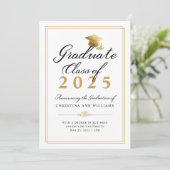 Elegant Wit Zwart Goud Script College Afstuderen Aankondiging (Staand voorkant)