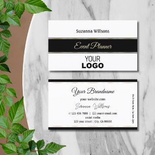 Elegant Wit Zwart met Gouden Strepen en Logo Visitekaartje