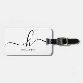 Elegant Wit Zwart Monogram Initiaal Script Naam Bagagelabel