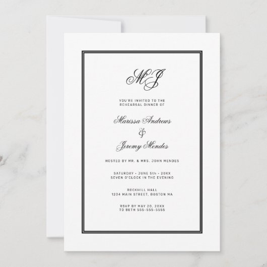 Elegant wit zwart monogram repetitie diner kaart (Voorkant)