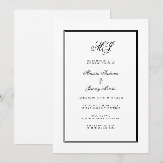 Elegant wit zwart monogram repetitie diner kaart (Voorkant / Achterkant)