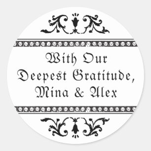 Elegant Wit Zwart  Ornament Gothic Bruiloft Ronde Sticker