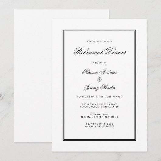 Elegant wit zwart script repetitie diner kaart (Voorkant / Achterkant)