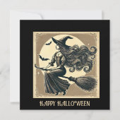 Elegant Witch op Broom  Halloween Zwart Kaart (Voorkant)