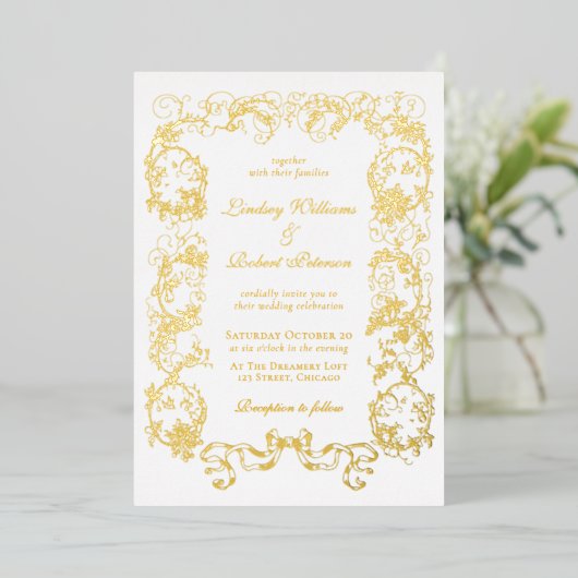 Elegant   witgoud folie uitnodiging (Staand Voorkant)