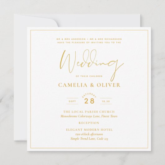 Elegant Witgoud Sierlijk Vierkant TROUWEN Klassiek Kaart (Achterkant)