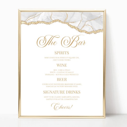 Elegant witgouden agaat feestbar menu bord poster