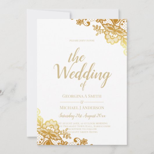 Elegant witgouden kant moderne trouw kaart (Voorkant)
