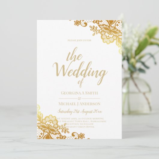 Elegant witgouden kant moderne trouw  kaart (Staand voorkant)