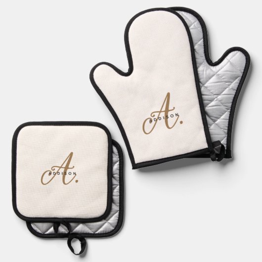 Elegant Witgouden Script Monogram Ovenwant & Pannenlap Set (Voorkant / Achterkant)