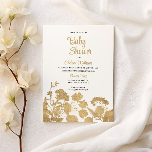 Elegant witgouden wildflower luxe Baby shower Uitnodiging Briefkaart
