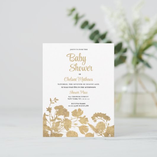 Elegant witgouden wildflower luxe Baby shower Uitnodiging Briefkaart (Staand voorkant)