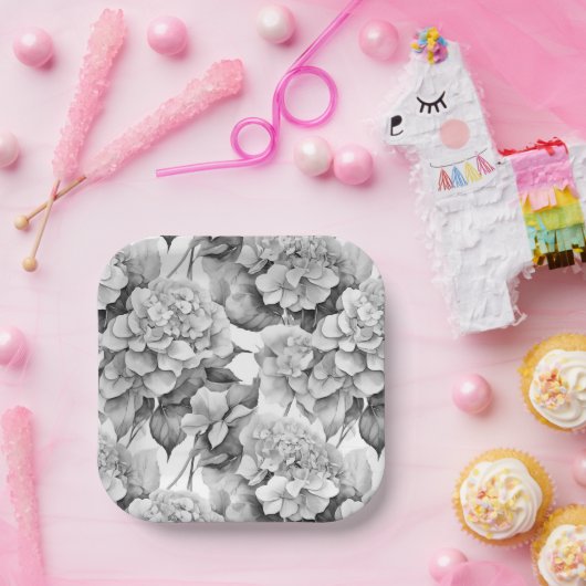 Elegant witgrijs zwart bloemschilderwerk in waterv papieren bordje (Feest)