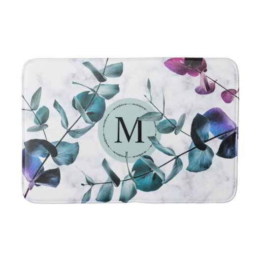 Elegant witmarmeren eucalyptusbladmonogram badmat (Voorkant)