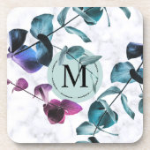 Elegant witmarmeren eucalyptusbladmonogram bier onderzetter (Voorkant)