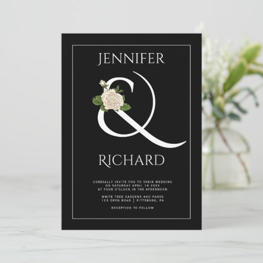 Elegant witte ampersand, witte rozenzwarte bruilof kaart (Staand voorkant)