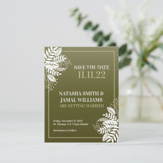 Elegant witte bladeren, olijfgroen save the date (Staand voorkant)