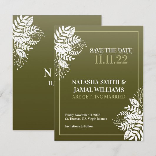 Elegant witte bladeren, olijfgroen save the date (Voorkant / Achterkant)
