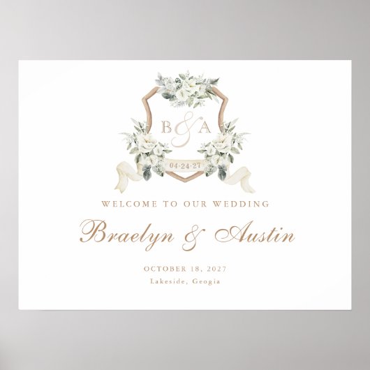 Elegant Witte Bloem Groene Wapen Welkom Bord Poster (Voorkant)