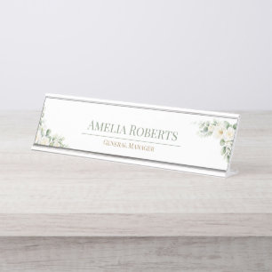 Elegant Witte Bloemige Groene Aangepaste Kantoor Bureau Naambordje