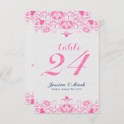 Elegant Witte Damast & Roze Bloemenkant 2 Kaart (Voorkant / Achterkant)