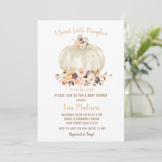 Elegant Witte Glitter Herfst Pompoen Baby shower Kaart (Staand voorkant)