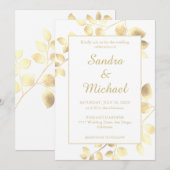 Elegant witte gouden bladeren trouwuitnodiging kaart (Voorkant / Achterkant)