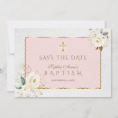 Elegant Witte Gouden Bloemen Kruis Meisje Doop  Save The Date (Voorkant)