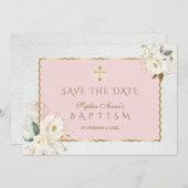 Elegant Witte Gouden Bloemen Kruis Meisje Doop  Save The Date (Voorkant / Achterkant)