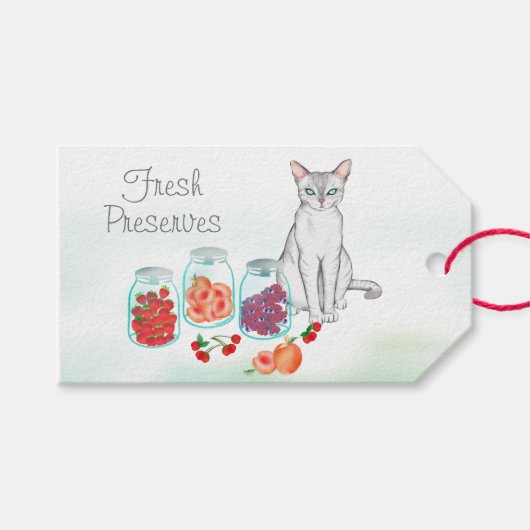 Elegant witte kat met vers fruit cadeaulabel (Voorkant (Horizontaal))