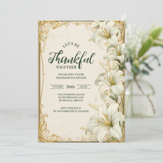 Elegant Witte Lelie Thanksgiving feest Kaart (Staand voorkant)