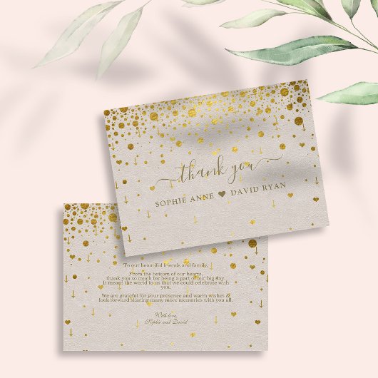 Elegant Witte Leren Gouden Confetti Bruiloft Bedankkaart