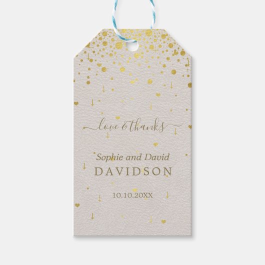 Elegant Witte Leren Gouden Confetti Bruiloft  Cadeaulabel (Voorkant)