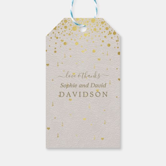 Elegant Witte Leren Gouden Confetti Bruiloft  Cadeaulabel (Achterkant)