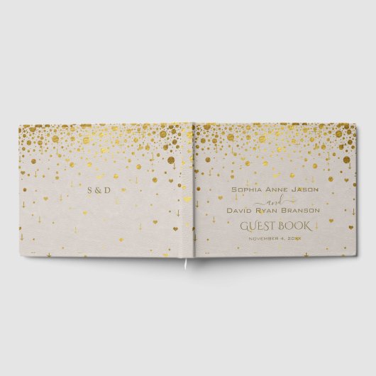 Elegant Witte Leren Gouden Confetti Bruiloft  Gastenboek (Volledig)