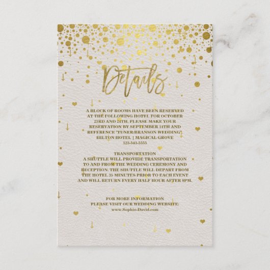 Elegant Witte Leren Gouden Confetti Bruiloft  Informatiekaartje (Voorkant)