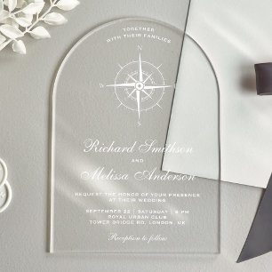 Elegant Witte Maritieme Kompas Bruiloft Acryl Uitnodigingen