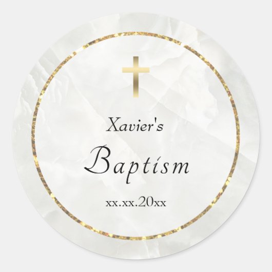 elegant witte marmer Baptisme Ronde Sticker (Voorkant)