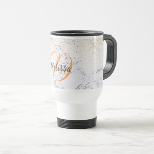 Elegant witte marmer en faux glitter, monogrammen reisbeker (Voorkant rechts)