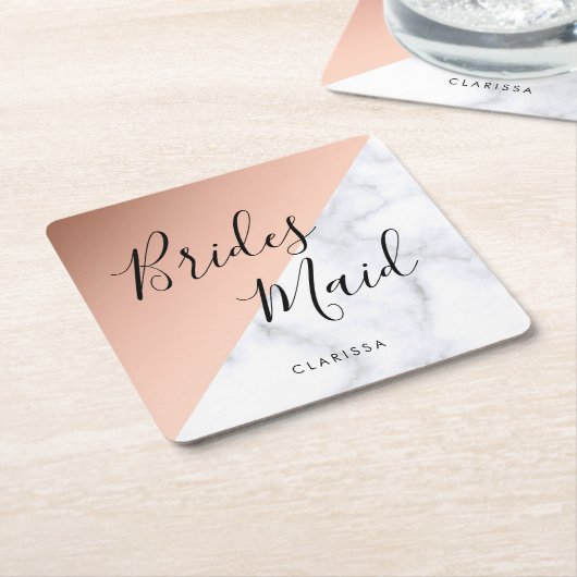 Elegant witte marmer en koperbruin roos kartonnen onderzetters (Schuin)