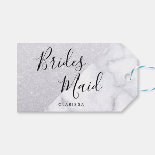 Elegant witte marmer en zilverglitter bruidsmeisje cadeaulabel