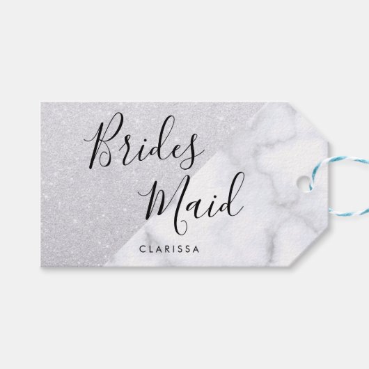 Elegant witte marmer en zilverglitter bruidsmeisje cadeaulabel (Voorkant (Horizontaal))