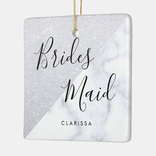 Elegant witte marmer en zilverglitter bruidsmeisje keramisch ornament (Links)