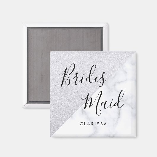 Elegant witte marmer en zilverglitter bruidsmeisje magneet (Voorkant / Achterkant)