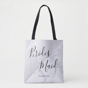 Elegant witte marmer en zilverglitter bruidsmeisje tote bag
