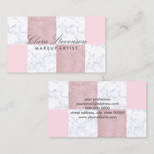 Elegant witte marmer & roos goudglitter, ingecheck visitekaartje (Voorkant / Achterkant)