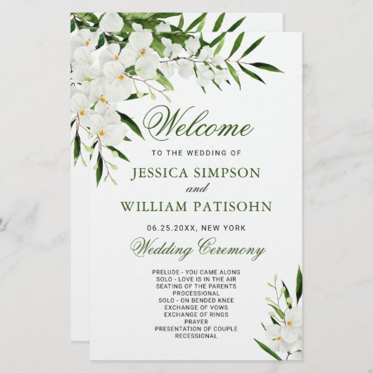 Elegant Witte Orchidee Boho Trouwceremonie Program (Voorkant / Achterkant)