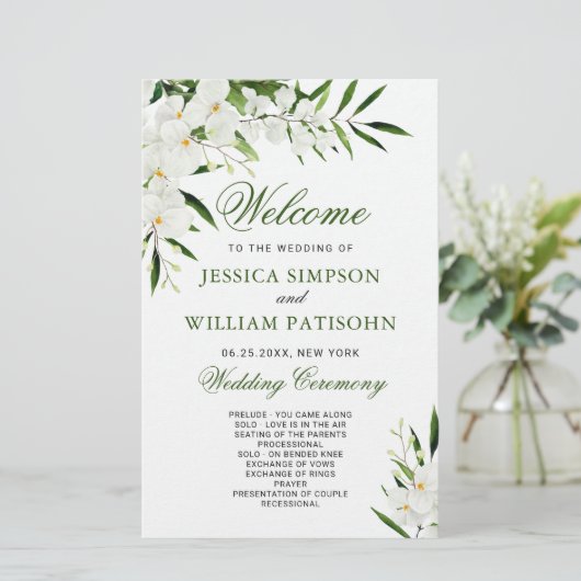 Elegant Witte Orchidee Boho Trouwceremonie Program (Staand voorkant)