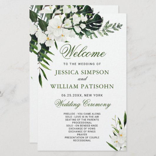 Elegant Witte Orchidee Boho Trouwceremonie Program (Voorkant / Achterkant)