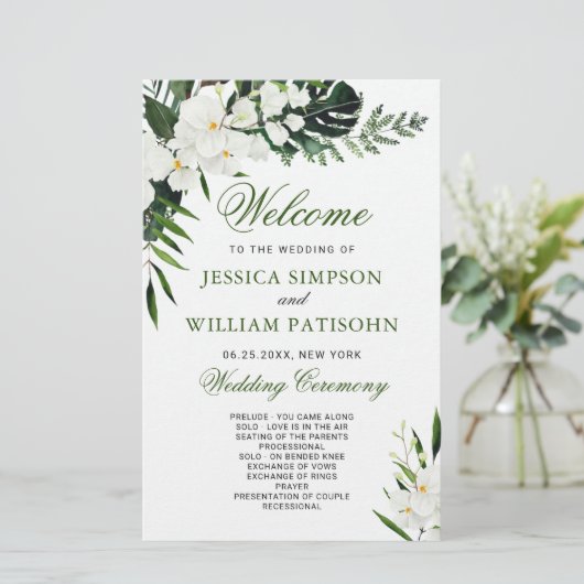 Elegant Witte Orchidee Boho Trouwceremonie Program (Staand voorkant)